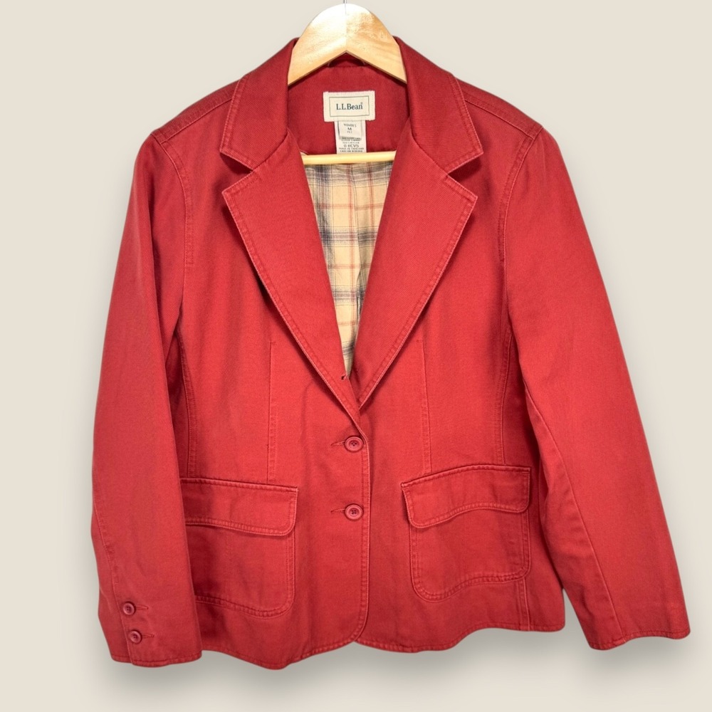 L.L. Bean Paper Blazer Barn Jacket Women Medium Petite Orange Cotton Plaid Lined